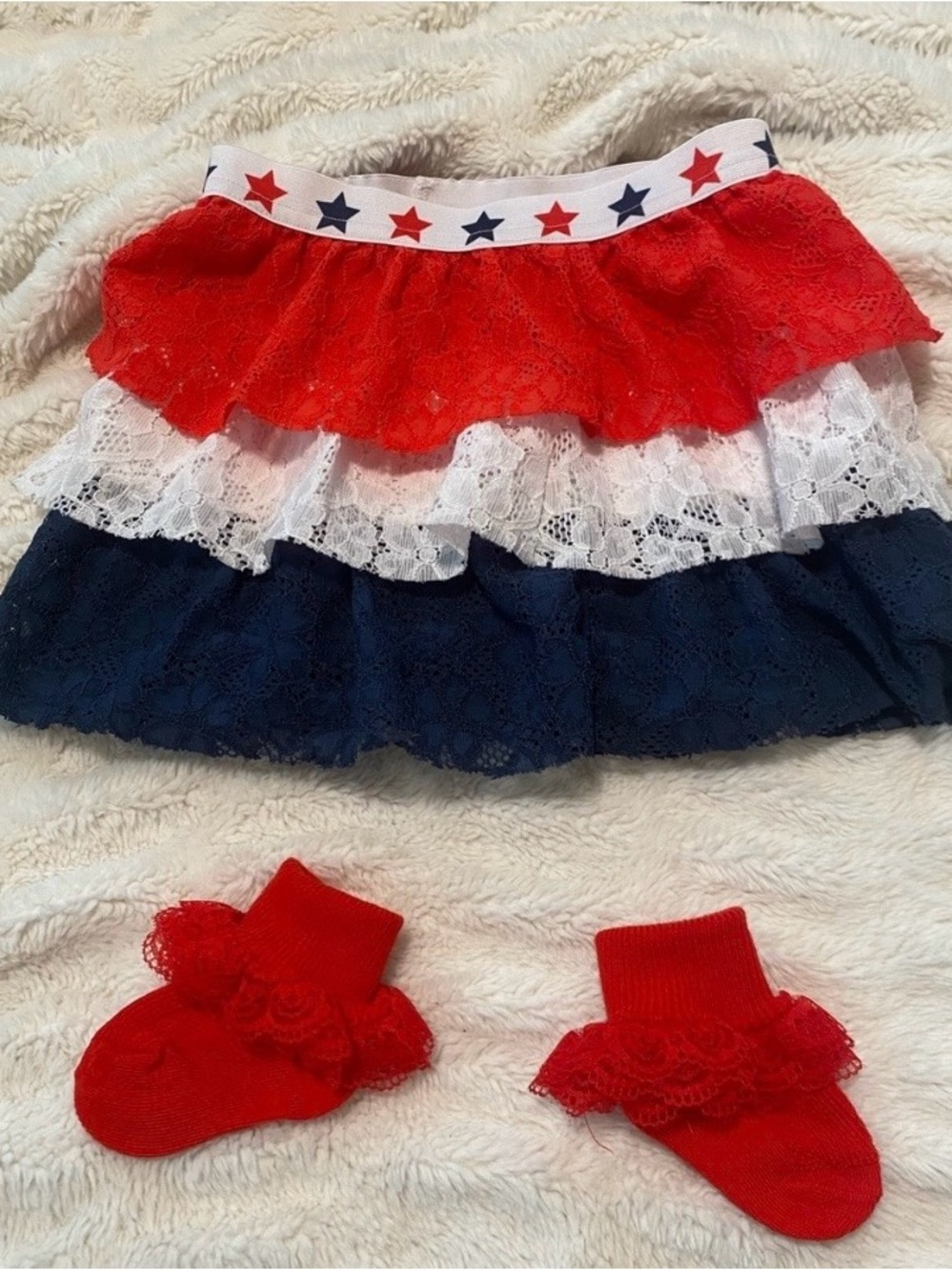 Girls Red White Navy Lace Ruffle Skirt and Sock Set